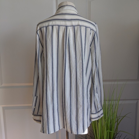 Lucky Brand Button Front Long Sleeve Vertical Striped Cream Blue Olive L NWT - Picture 4 of 8